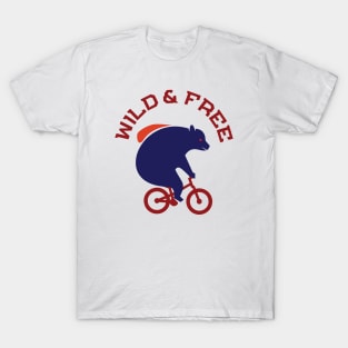 Wild and Free Navy Blue Bear Ride a Red MTB Bicycle with Waterback T-Shirt